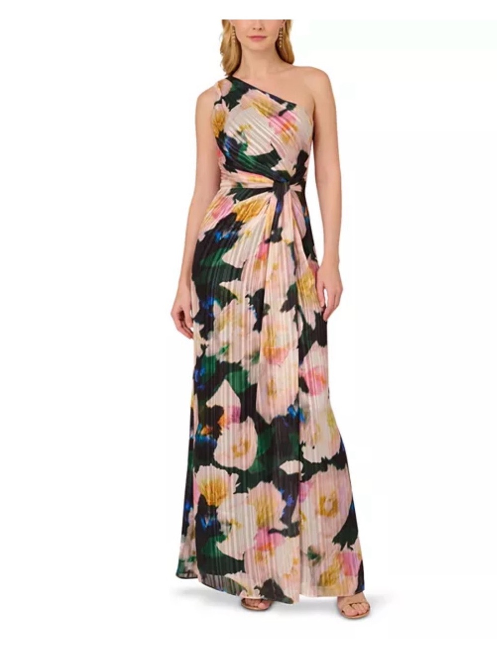 Adrianna Papell Pleated Floral One-Shoulder Chiffon Gown - size 12